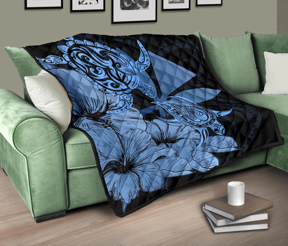 Hawaii Turtle Premium Quilt Polynesian Hibiscus Art Ver 2.0 Blue AH - Polynesian Pride