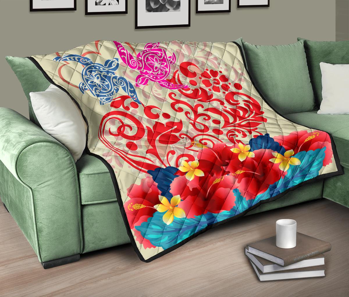 Hawaii Turtle Couple Hibiscus Valentine Pattern Premium Quilt - Romance Style - AH - Polynesian Pride