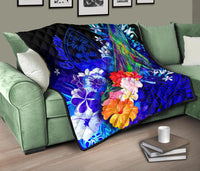Guam Premium Quilt - Humpback Whale with Tropical Flowers (Blue) - Polynesian Pride