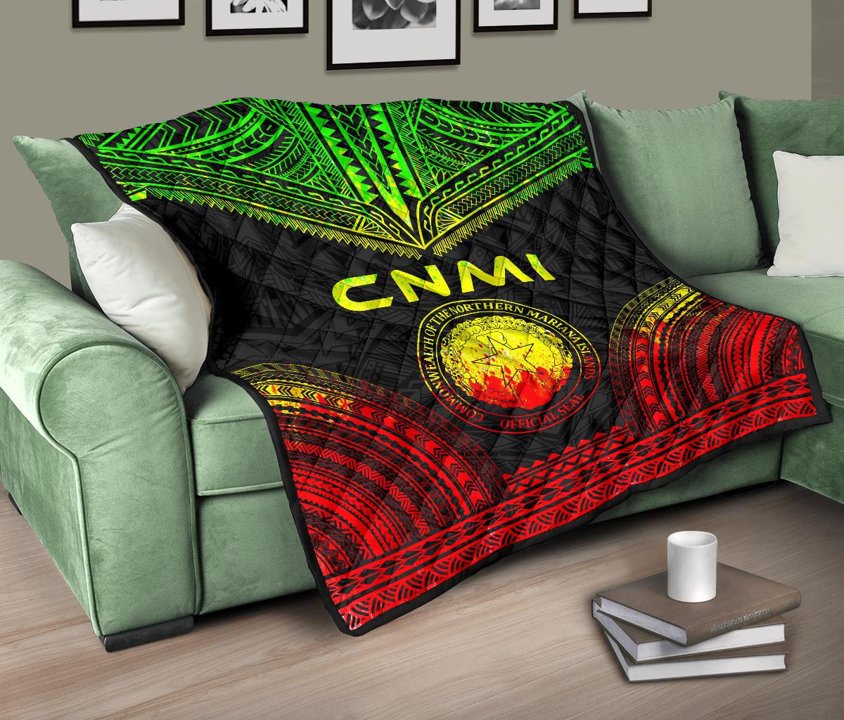 Northern Mariana Islands Premium Quilt - CNMI Seal Polynesian Chief Reggae Version - Polynesian Pride