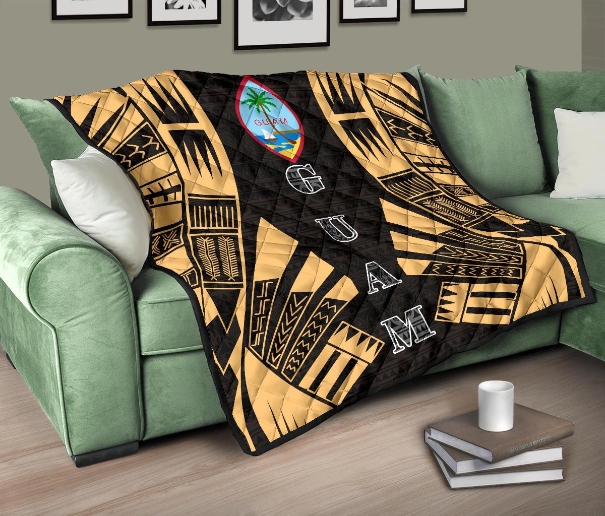 Guam Premium Quilt - Guam Coat Of Arms Polynesian Gold Tattoo - Polynesian Pride