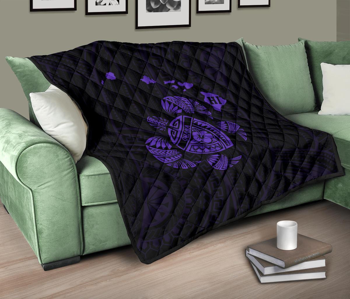 Hawaii Turtle Hibicus Map Premium Quilt - Purple - Polynesian Pride