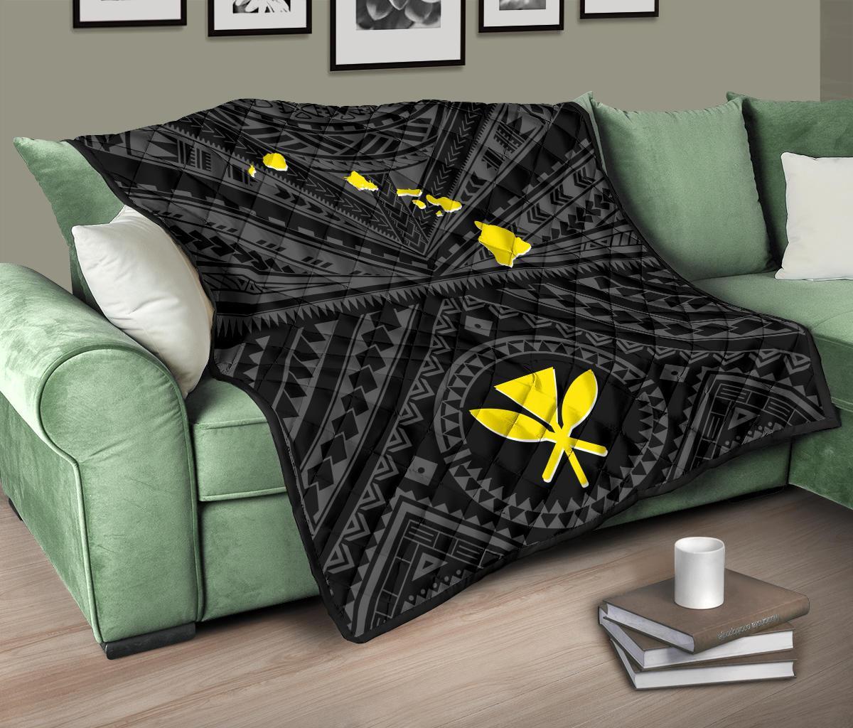 Hawaii Premium Quilt - Hawaii Kanaka Maoli And Map ( Black) - Polynesian Pride
