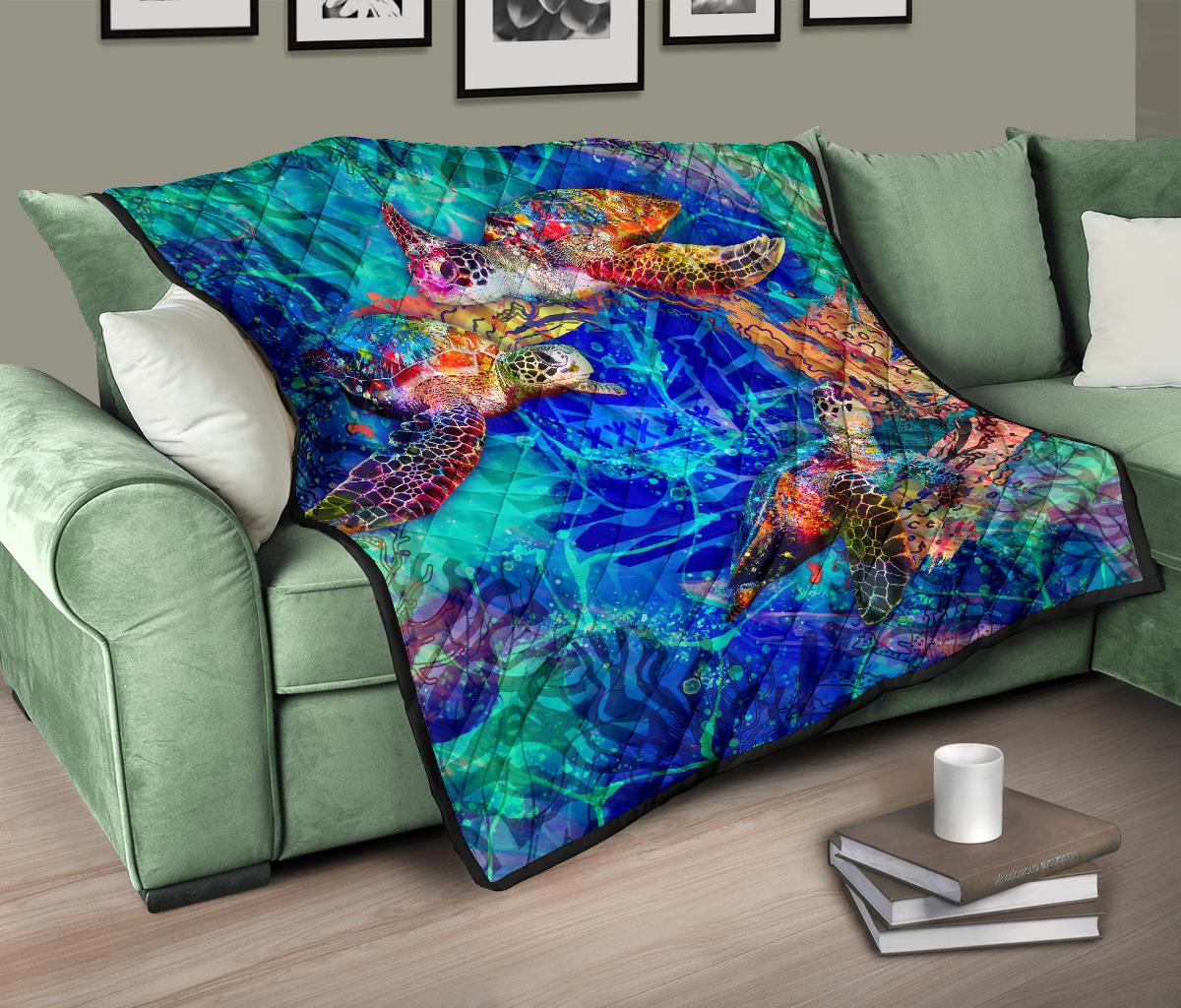 Tahiti Polynesian Premium Quilt - Tahiti Flag Sea Turtle Coral Treasure - Polynesian Pride