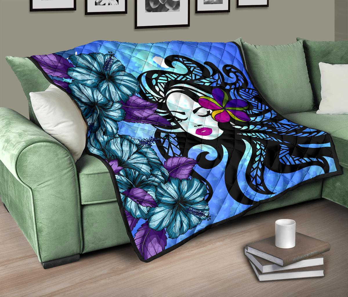 Hawaiian Hibiscus Polynesian Hula Girl Premium Quilt - Polynesian Pride