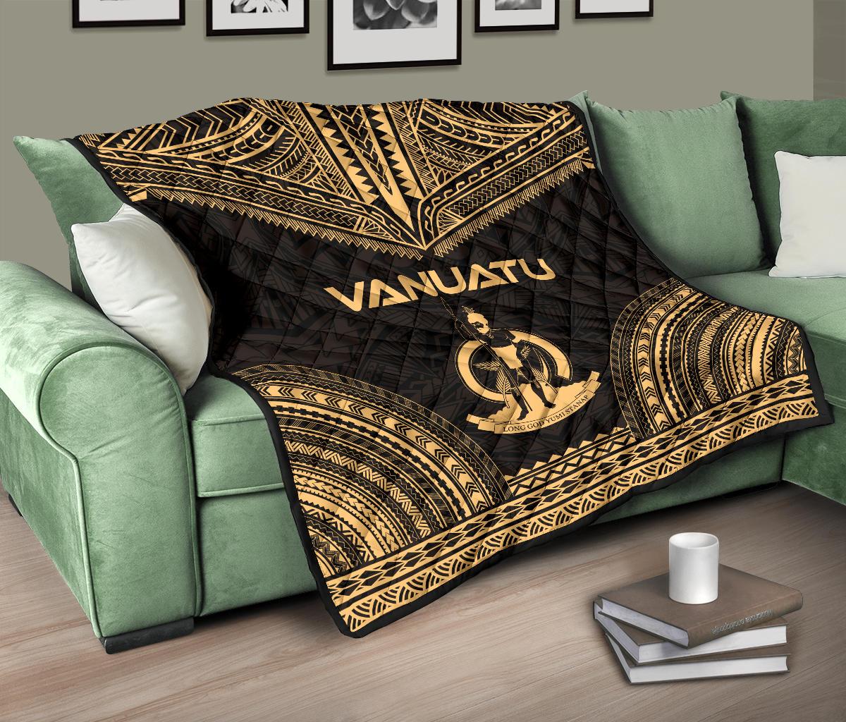 Vanuatu Premium Quilt - Vanuatu Coat Of Arms Polynesian Chief Gold Version - Polynesian Pride