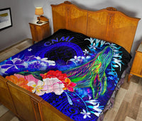 CNMI Premium Quilt - Humpback Whale with Tropical Flowers (Blue) - Polynesian Pride