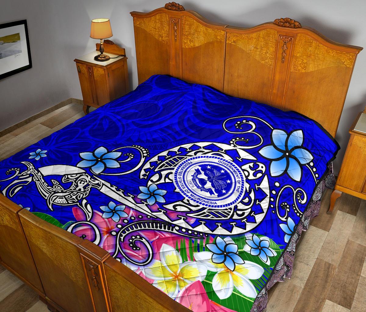 FSM Premium Quilt - Turtle Plumeria (Blue) - Polynesian Pride