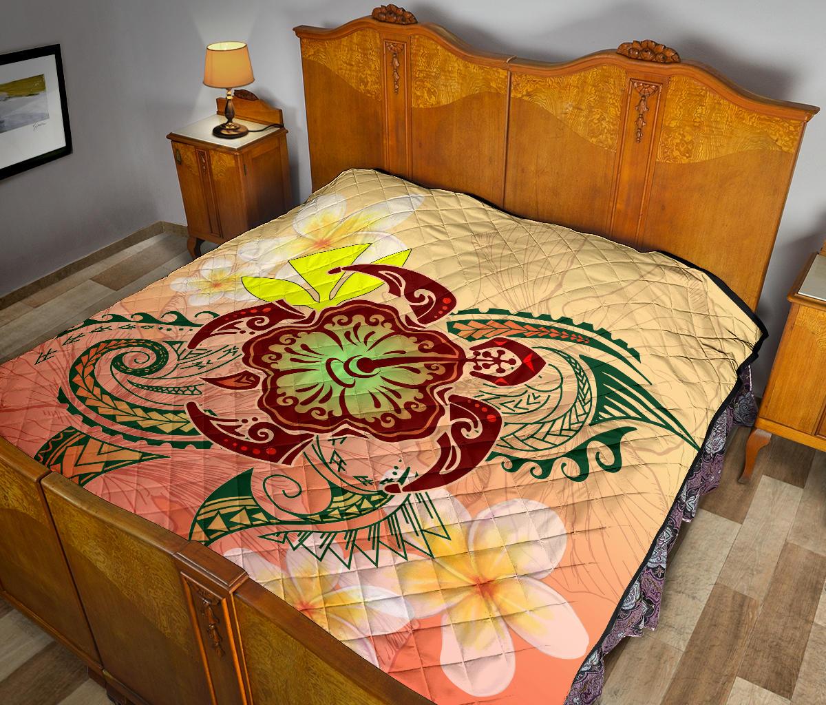 Hawaii Turtle Kanaka Plumeria Hibiscus Premium Quilt - Kity Style - AH - Polynesian Pride
