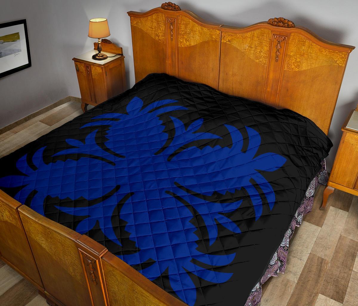 Hawaiian Premium Quilt Royal Pattern - Black And Blue - A2 Style - Polynesian Pride