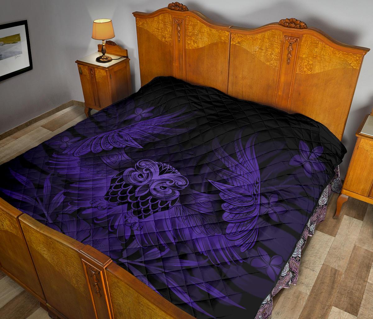 Hawaii Owl Hibiscus Plumeria Premium Quilt - Purple - Polynesian Pride