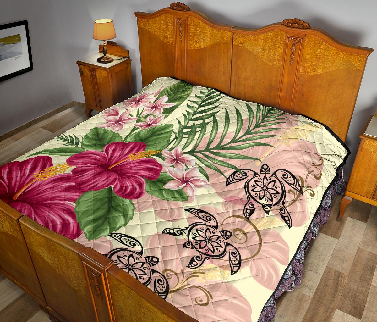 Hawaii Turtle Hibiscus Plumeria Beige Style - Premium Quilts AH - Polynesian Pride