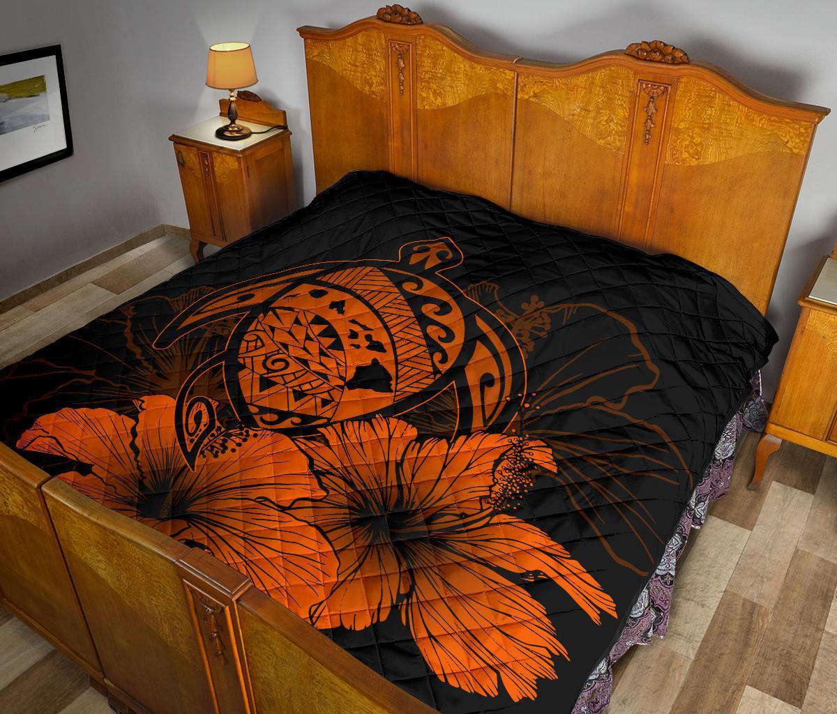 Hawaii Hibiscus Premium Quilt - Turtle Map - Orange - Polynesian Pride
