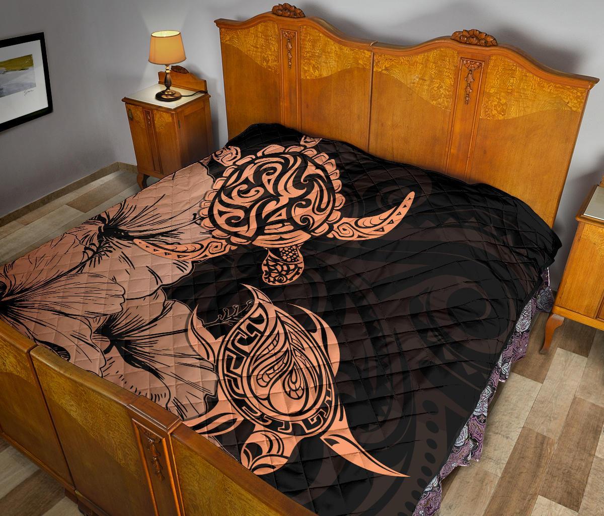 Hawaii Turtle Premium Quilt Polynesian Hibiscus Art Orange AH - Polynesian Pride