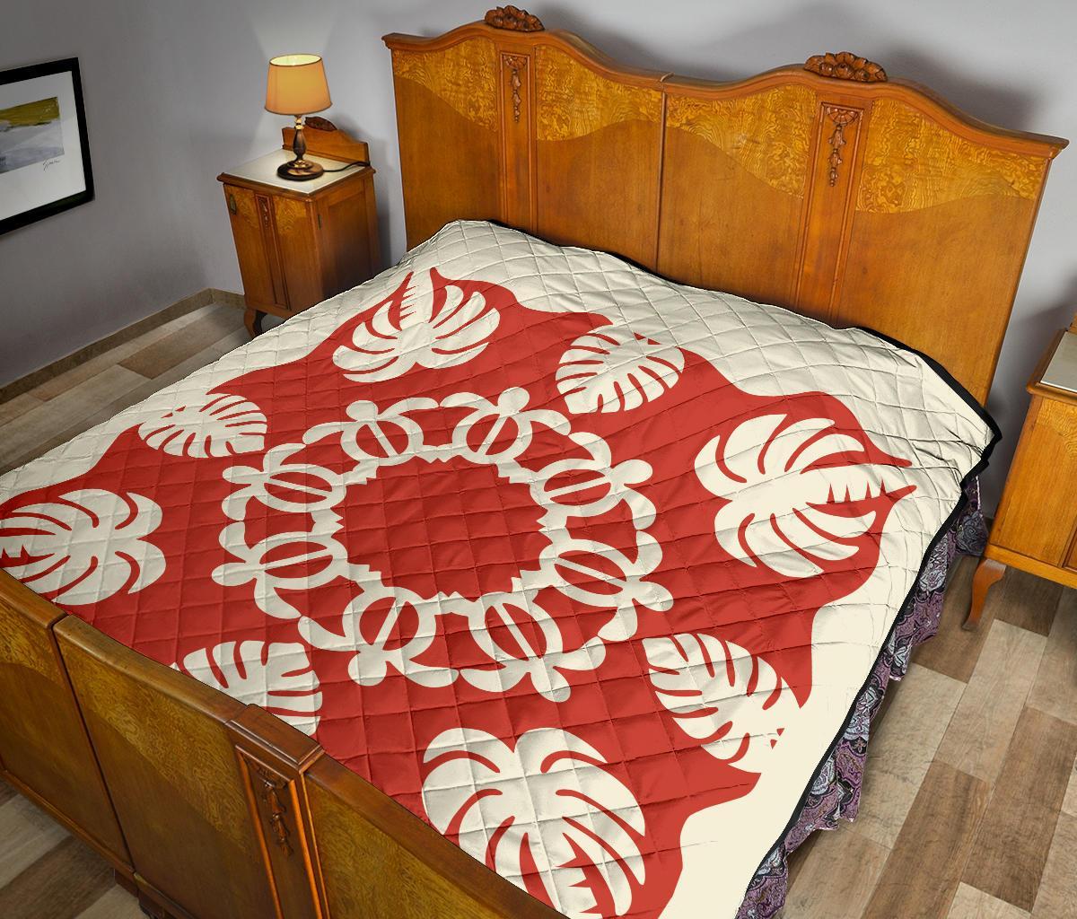 Hawaiian Turtle Coconut Pattern Premium Quilt - Red - Argu Style - AH - Polynesian Pride
