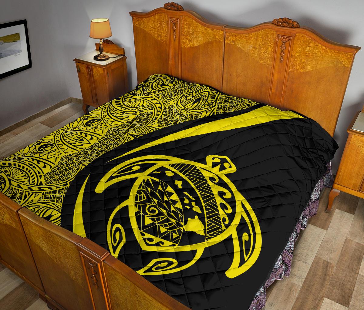 Hawaii Turtle Map Polynesian Premium Quilt - Yellow - Circle Style - Polynesian Pride