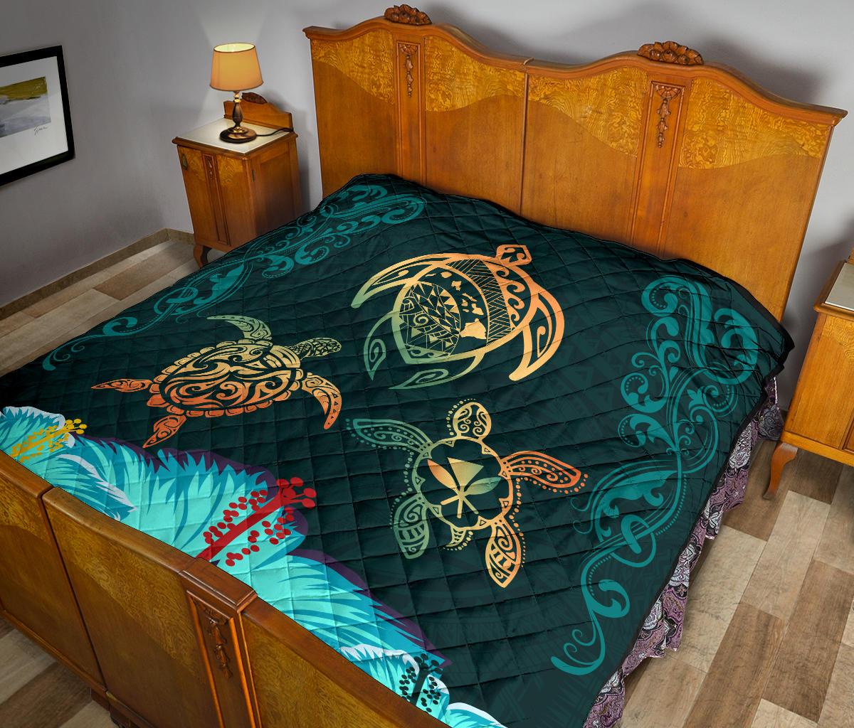 Hawaii Map Turtle Hibiscus Polynesian Luxury Premium Quilt - Honu Ohana - Polynesian Pride