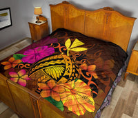 Hawaii Turtle Tribal Map Hibiscus Plumeria Premium Quilt - Polynesian Pride