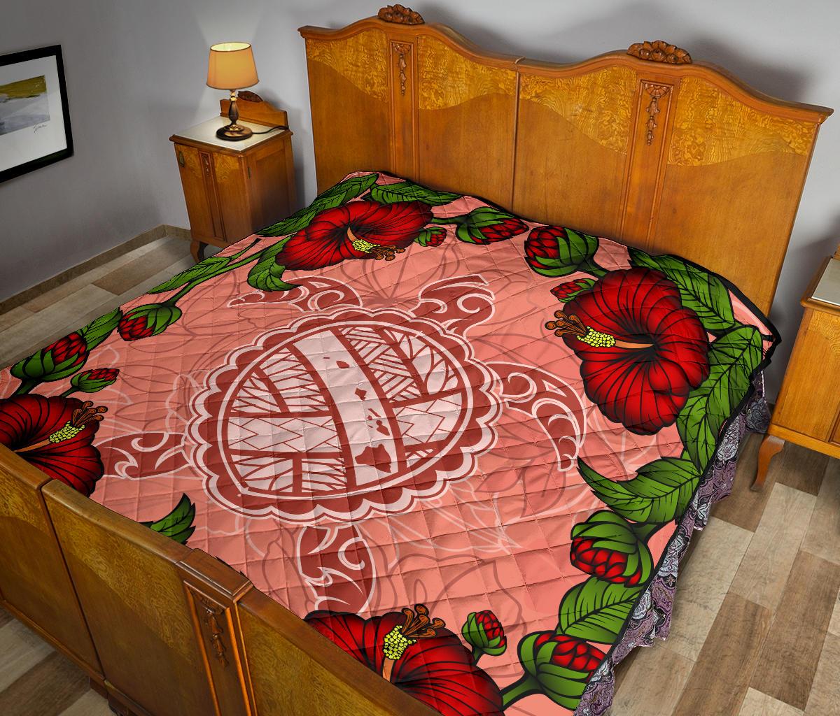 Hawaii Turtle Hibiscus Pink Premium Quilt - Fide Style - Polynesian Pride