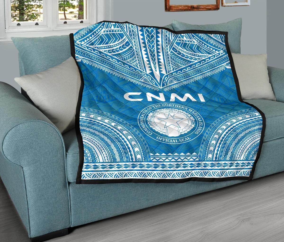 Northern Mariana Islands Premium Quilt - CNMI Seal Polynesian Chief Light Blue Version - Polynesian Pride