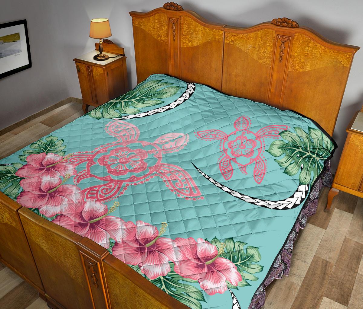 Hawaii Tropical Hibiscus Turtle Mint Style - Premium Quilt AH - Polynesian Pride