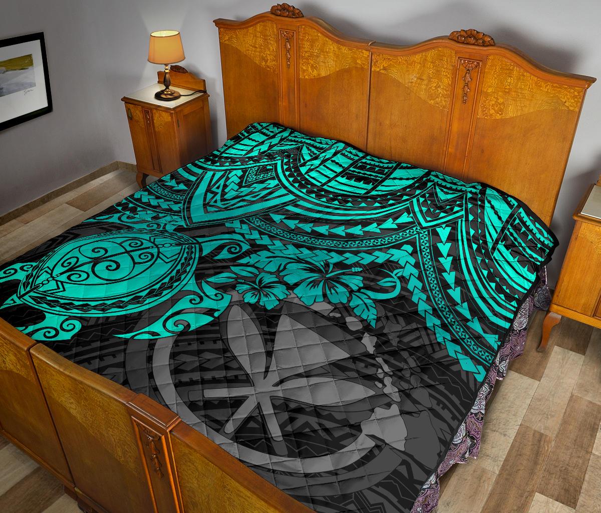 Hawaii Polynesian Premium Quilt - Kanaka Maoli & Turquoise Turtle Hibiscus - Polynesian Pride