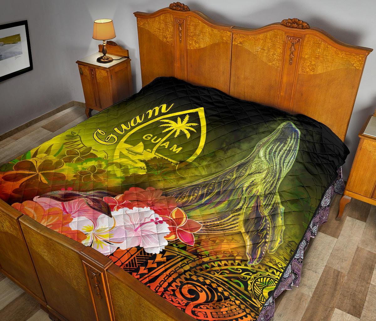 Guam Premium Quilt - Humpback Whale with Tropical Flowers (Yellow) - Polynesian Pride