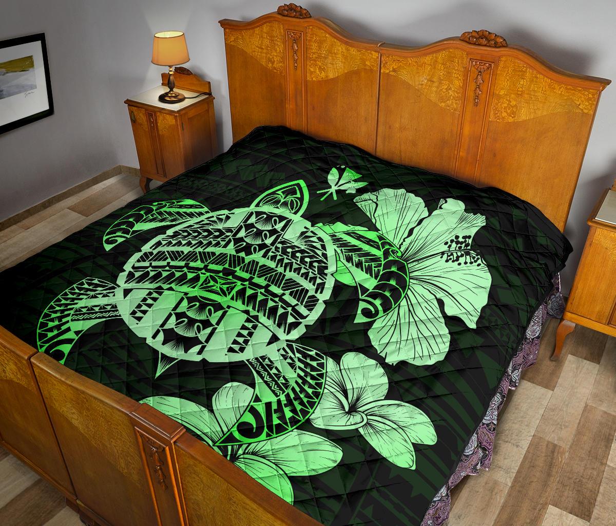 Hawaiian Kanaka Hibiscus Plumeria Mix Polynesian Turtle Premium Quilt Green AH - Polynesian Pride