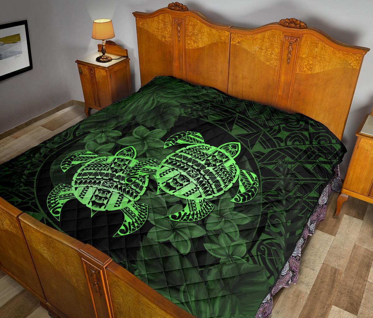 Hawaii Premium Quilt - Turtle Strong Pattern Hibiscus Plumeria Green AH - Polynesian Pride