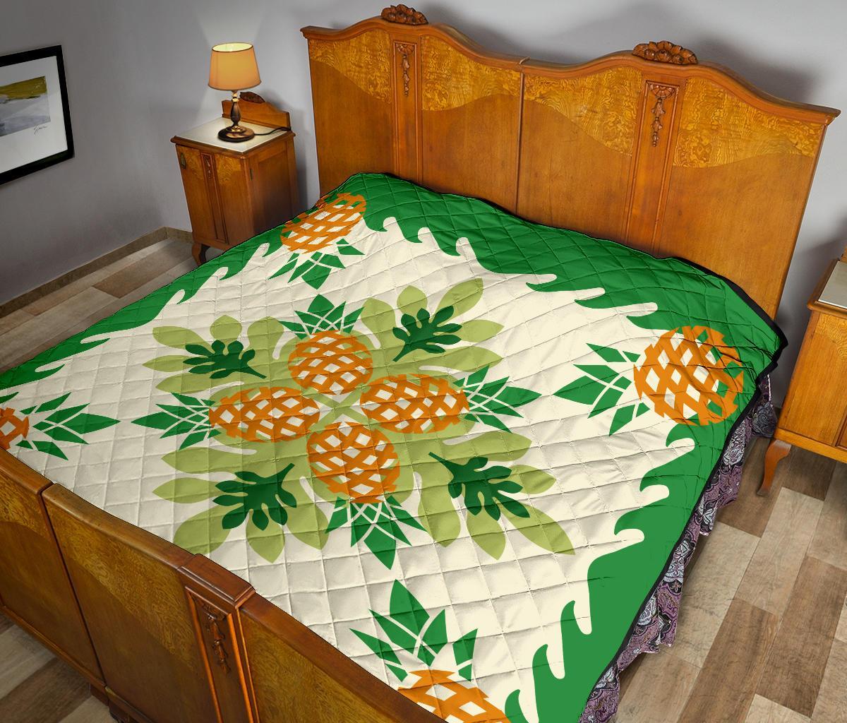 Hawaiian Pineapple leaves Tropical Pattern Premium Quilt - Green - Argu Style - AH - Polynesian Pride