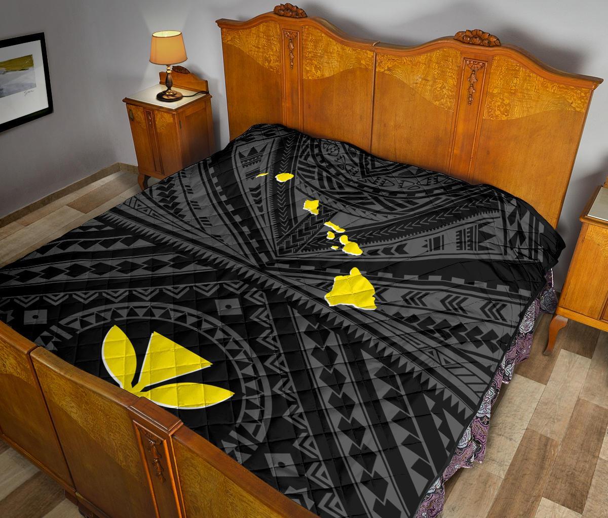 Hawaii Premium Quilt - Hawaii Kanaka Maoli And Map ( Black) - Polynesian Pride