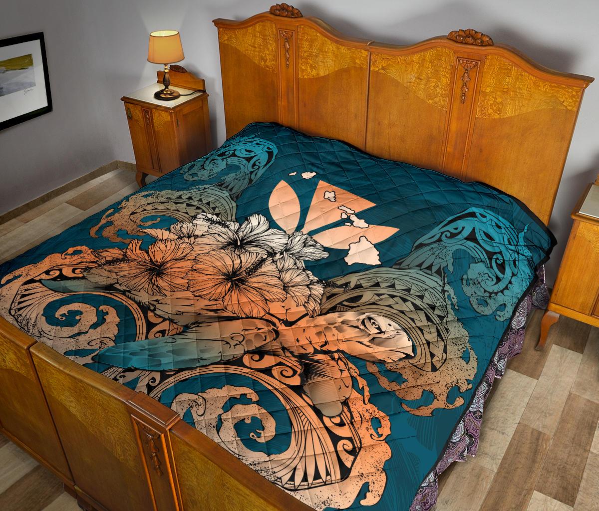 Hawaii Turtle Wave Polynesian Premium Quilt - Hey Style Orange - Polynesian Pride