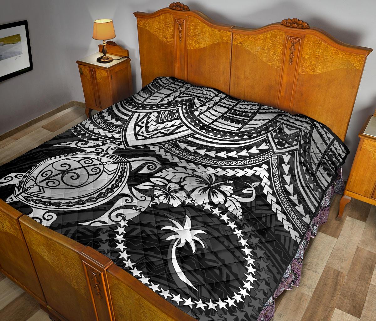 Chuuk Polynesian Premium Quilt - Chuuk Flag & White Turtle Hibiscus - Polynesian Pride