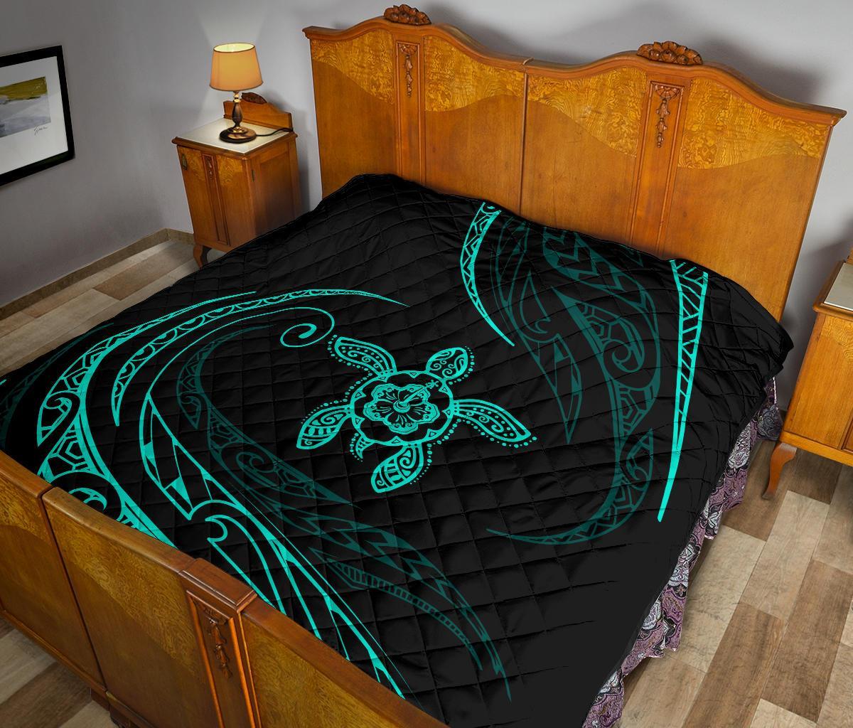 Hawaii Turtle Hibicus Premium Quilt - Frida Style - Turquoise - Polynesian Pride