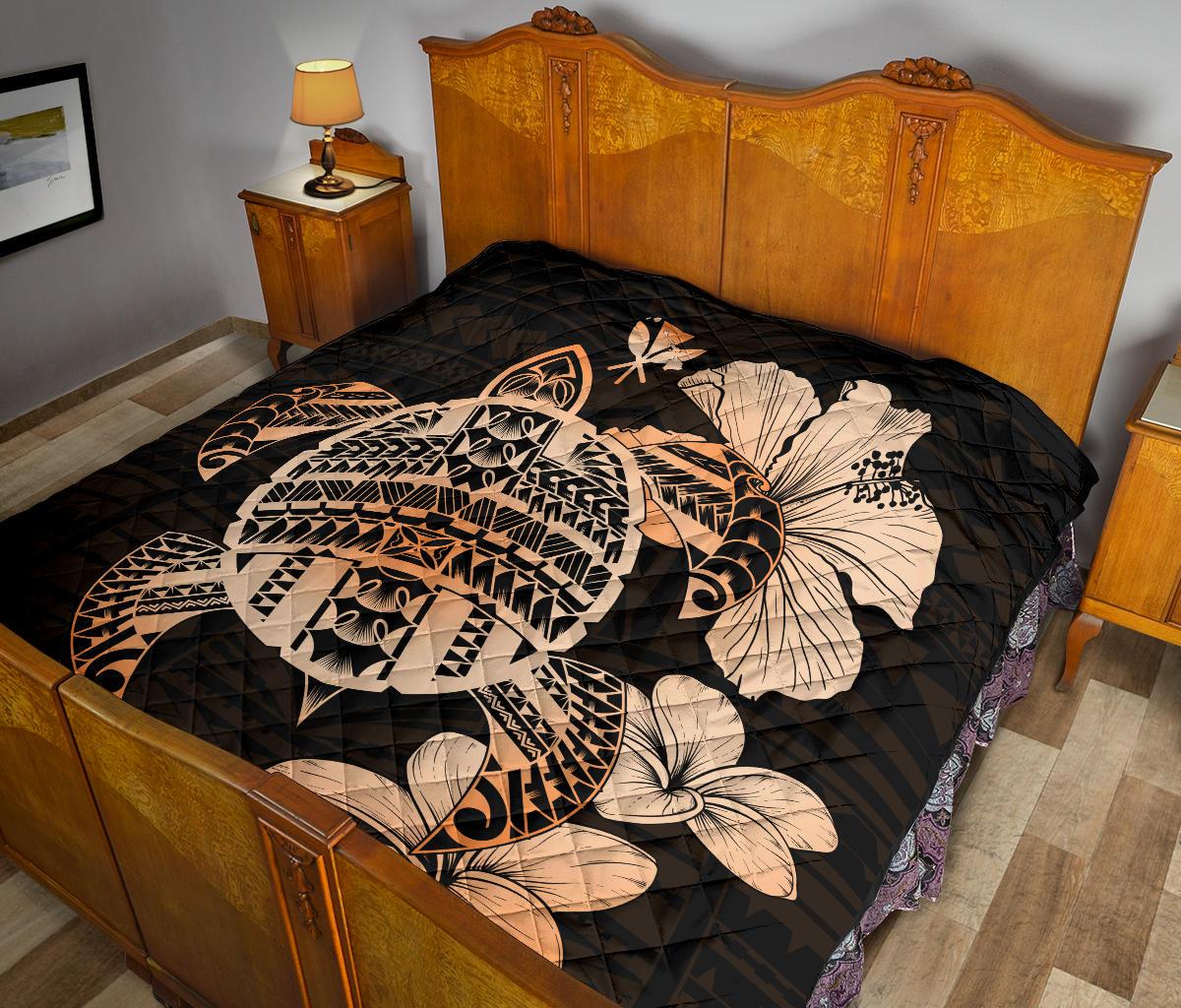 Hawaiian Kanaka Hibiscus Plumeria Mix Polynesian Turtle Premium Quilt Orange AH - Polynesian Pride