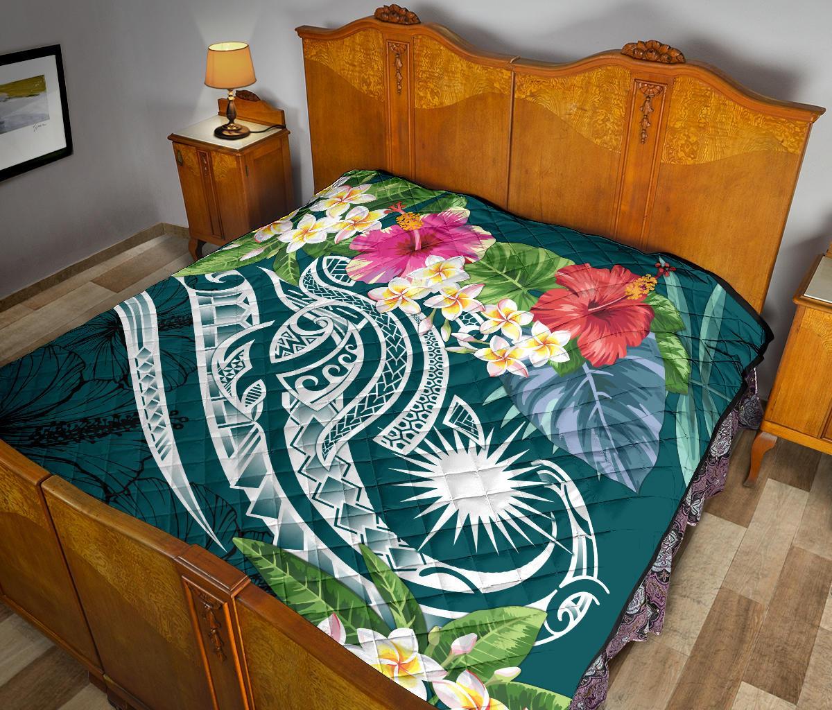 Marshall Islands Polynesian Premium Quilt - Summer Plumeria (Turquoise) - Polynesian Pride