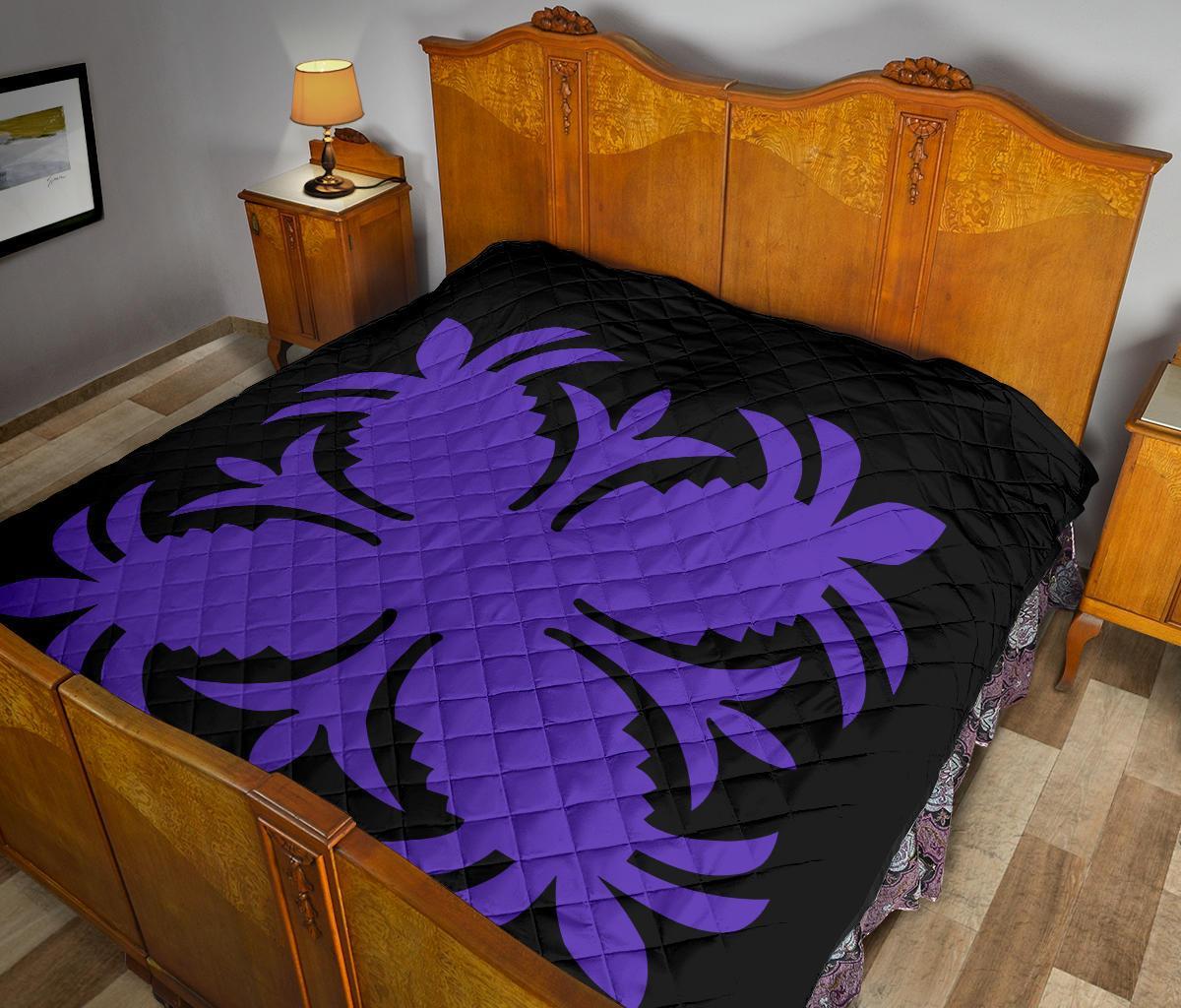 Hawaiian Premium Quilt Royal Pattern - Black And Purple - A2 Style - Polynesian Pride