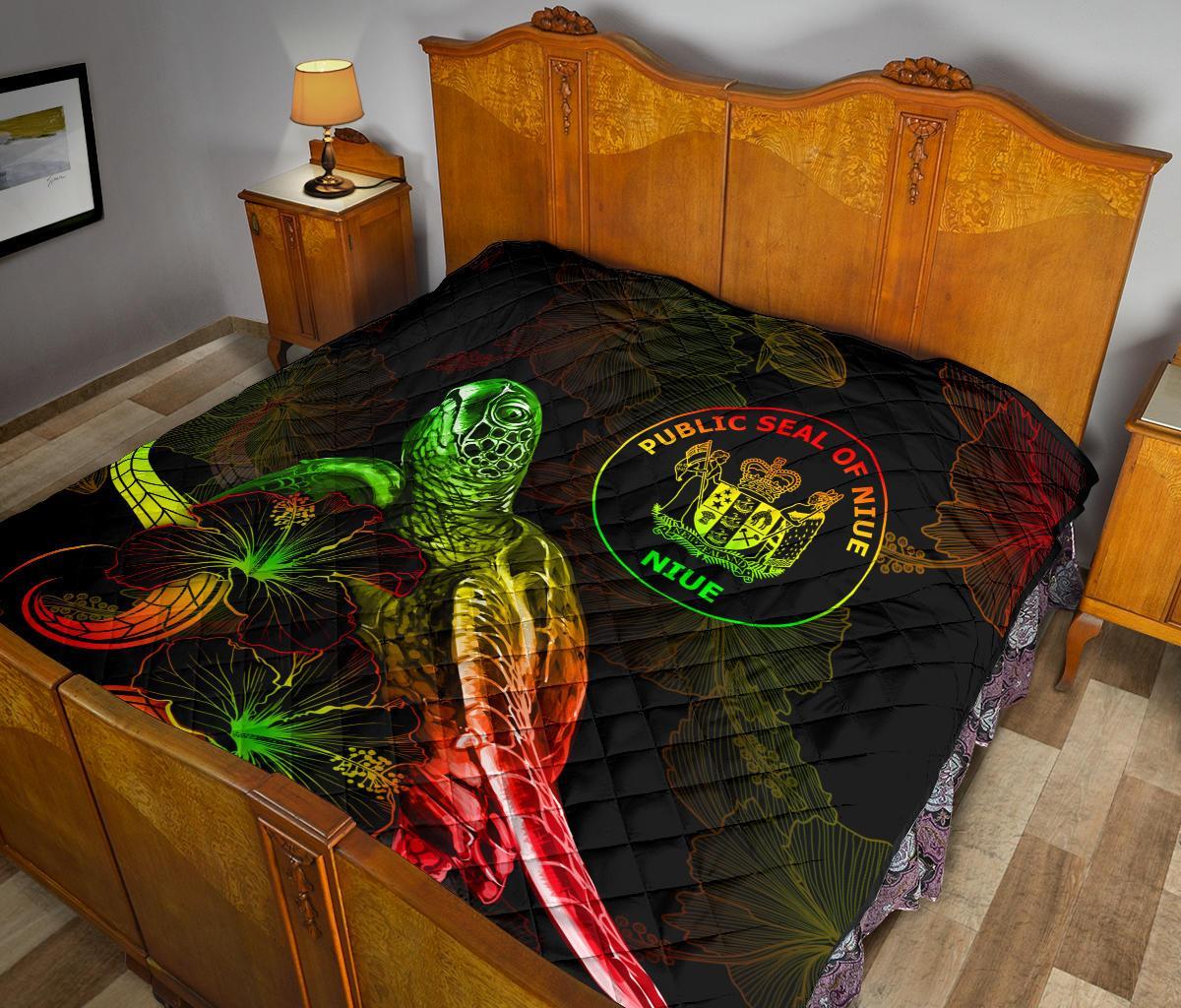 Niue Polynesian Premium Quilt - Turtle With Blooming Hibiscus Reggae - Polynesian Pride