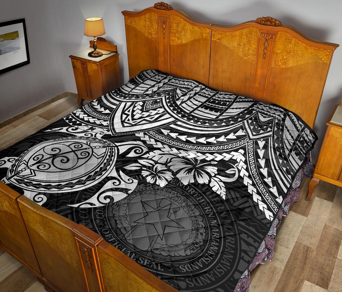 Northern Mariana Islands Polynesian Premium Quilt - Northern Mariana Islands Seal & White Turtle Hibiscus - Polynesian Pride