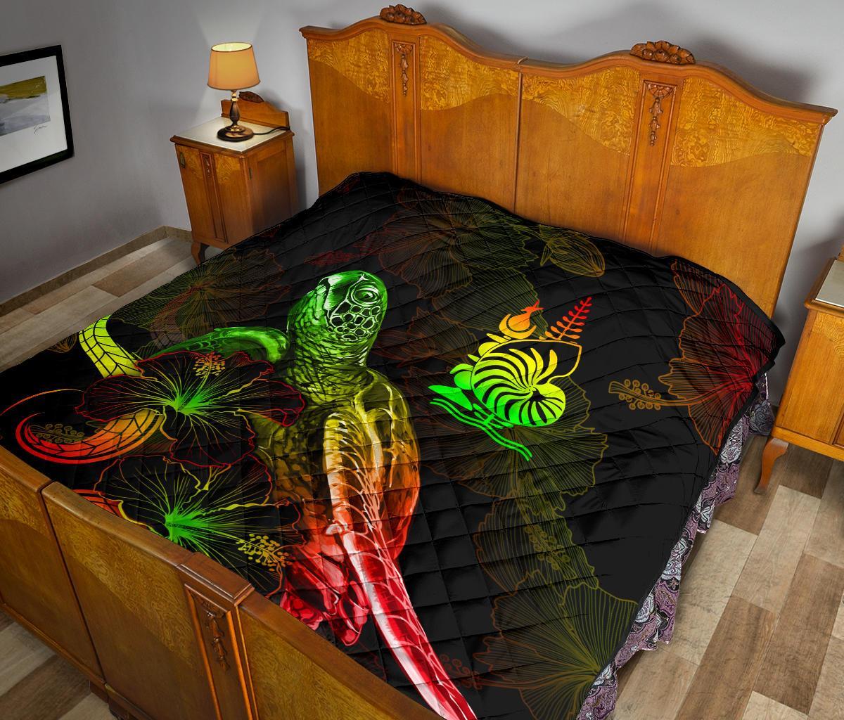 New Caledonia Polynesian Premium Quilt - Turtle With Blooming Hibiscus Reggae - Polynesian Pride