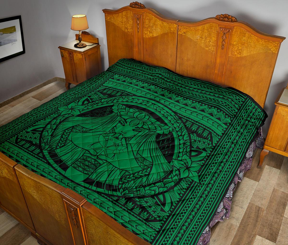 Hawaii Polynesian Pele Kanaka Premium Quilt Green - Polynesian Pride