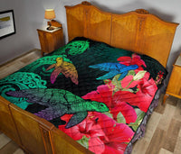 Hawaii Turtle Wave Hibiscus Premium Quilt - Unia Style - Polynesian Pride