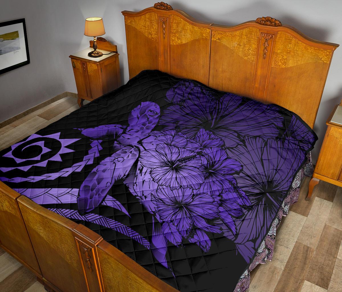 Hawaii Turtle Hibiscus Polynesian Vintage Premium Quilt - Purple - Polynesian Pride