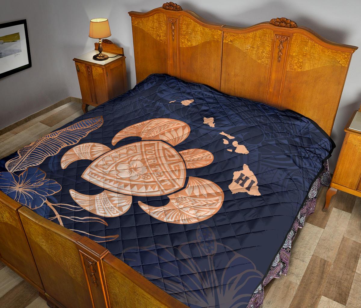 Personalized - Hawaii Kakau Polynesian Turtle Map Premium Quilt - Indigo - Polynesian Pride