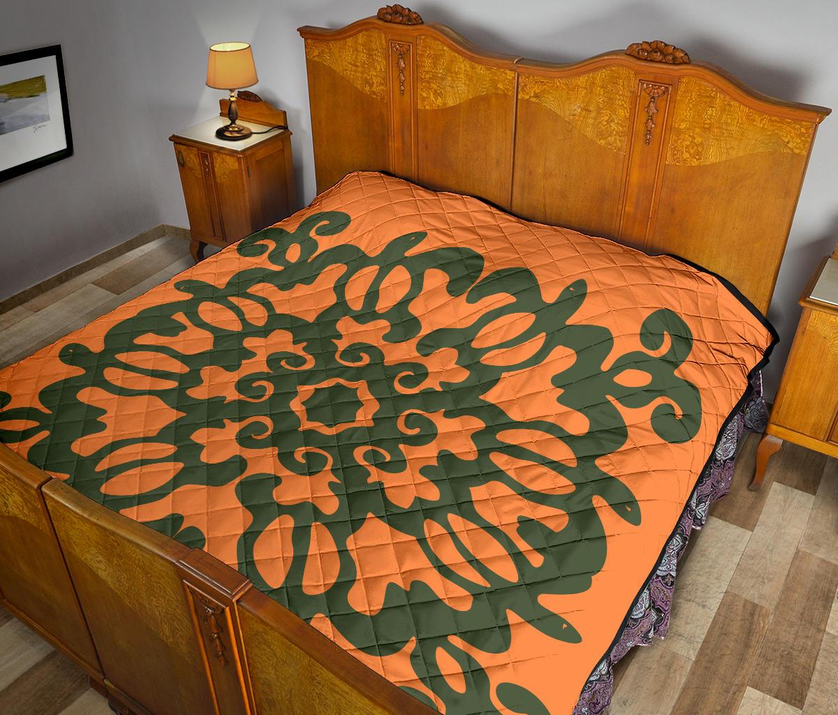 Hawaiian Quilt Turtle Pattern New Orange Premium Quilt - Skin Style - AH - Polynesian Pride