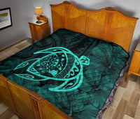 Hawaii Turtle Kanaka Map Hibiscus Poly Premium Quilt - Turquoise - Polynesian Pride
