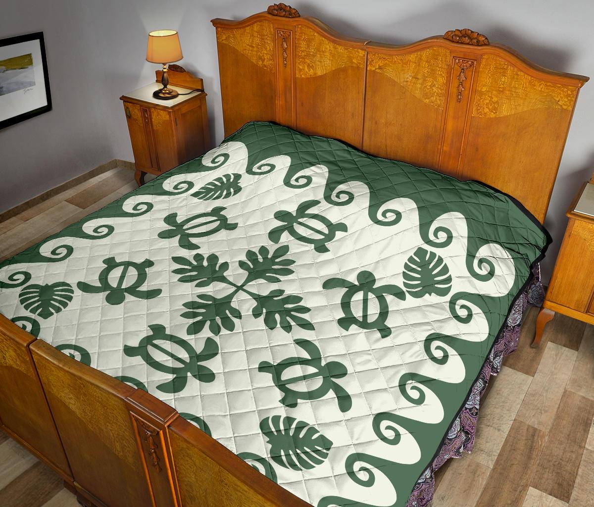 Hawaiian Premium Quilt Tropical Turtle Pattern - Green - Polynesian Pride