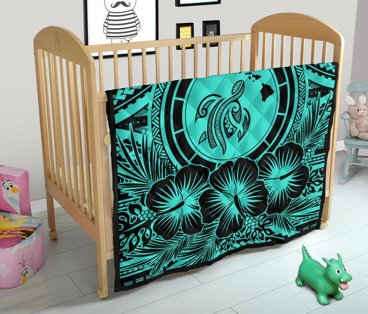 Hawaii Premium Quilt - Hawaii Map Honu Hibiscus Turquoise Polynesian Premium Quilt - Polynesian Pride
