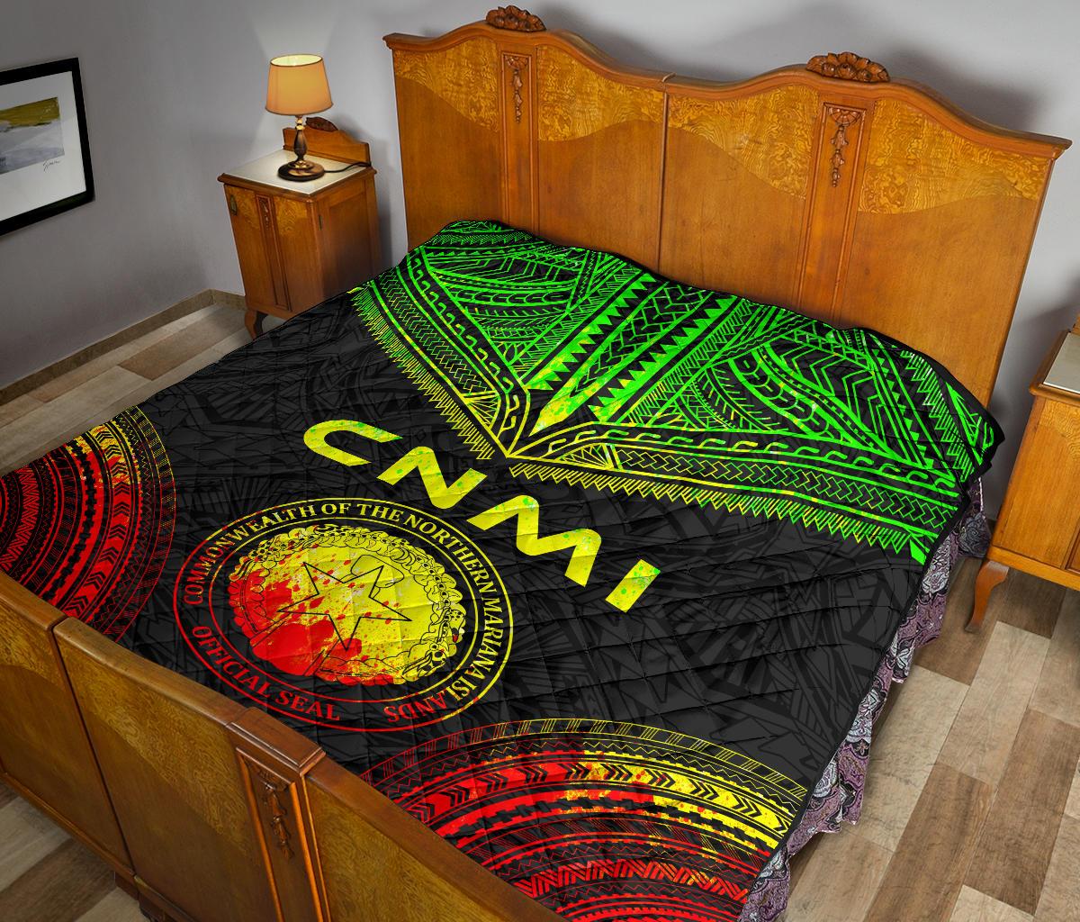Northern Mariana Islands Premium Quilt - CNMI Seal Polynesian Chief Reggae Version - Polynesian Pride