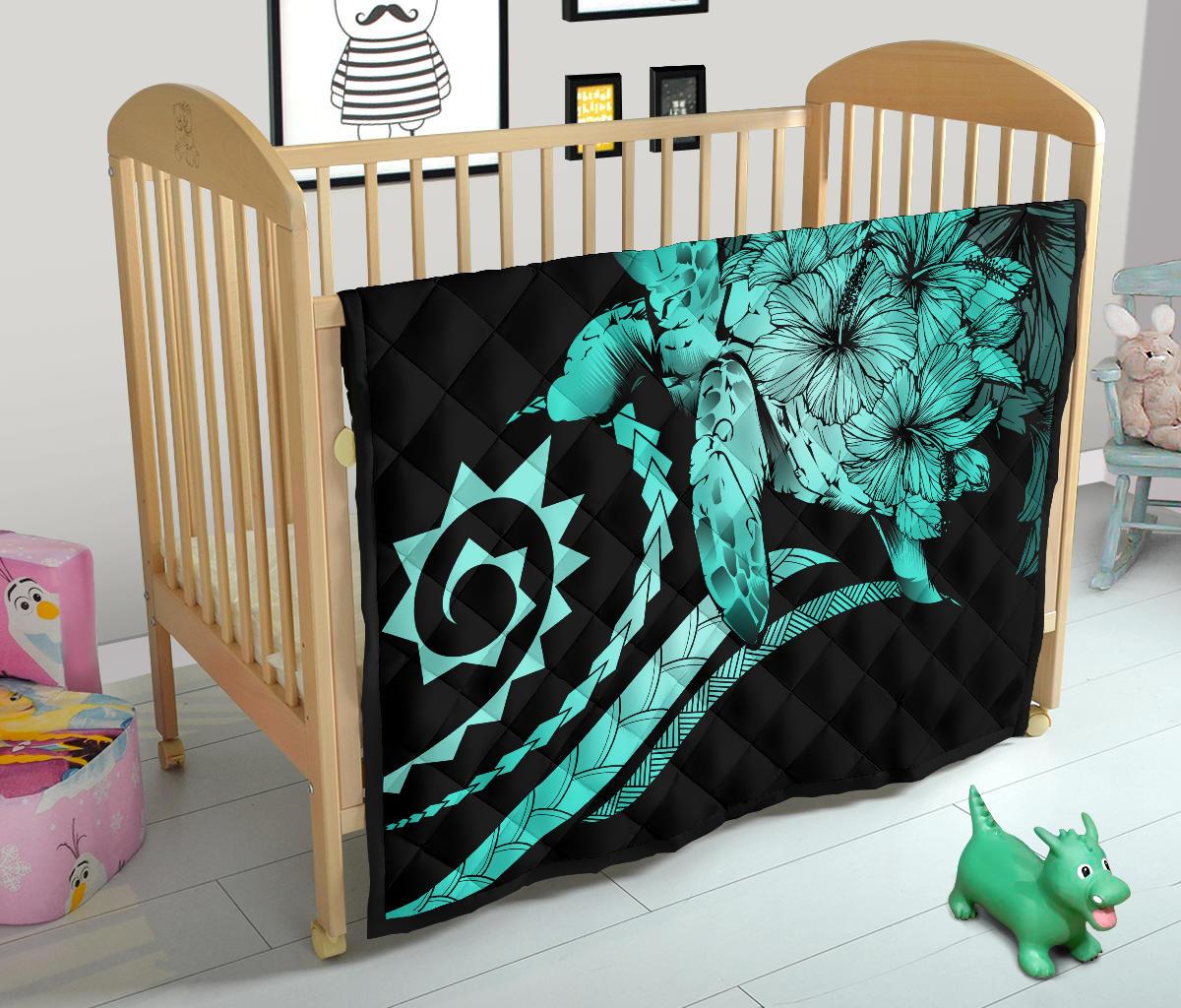 Hawaii Turtle Hibiscus Polynesian Vintage Premium Quilt - Turquoise - Polynesian Pride